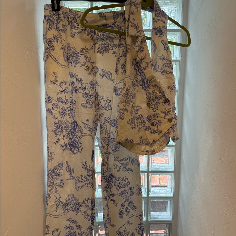 Mango Blue and Cream Floral Wide Leg Pants & Jumpsuit